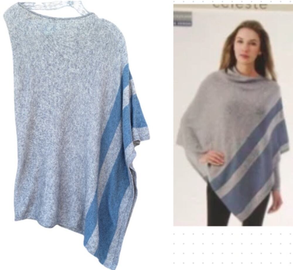 Celeste Wool Cashmere blend Lightweight Poncho Wrap Gray Blue O/S S M L XL